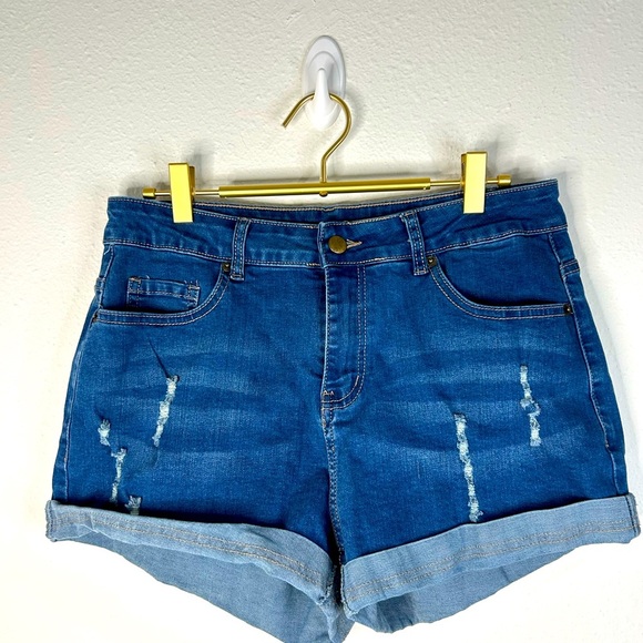 Womens Distressed Cuffed Denim Shorts Large High Rise Stretch Blue Casual Summer - Picture 1 of 6